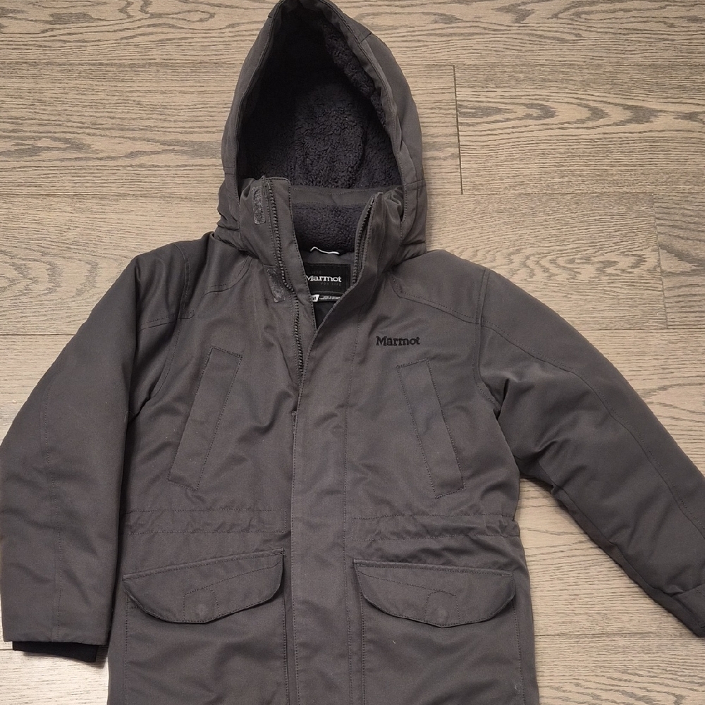 Marmot Kids Gray Hooded 700 Fill Down Jacket, Size M (10)